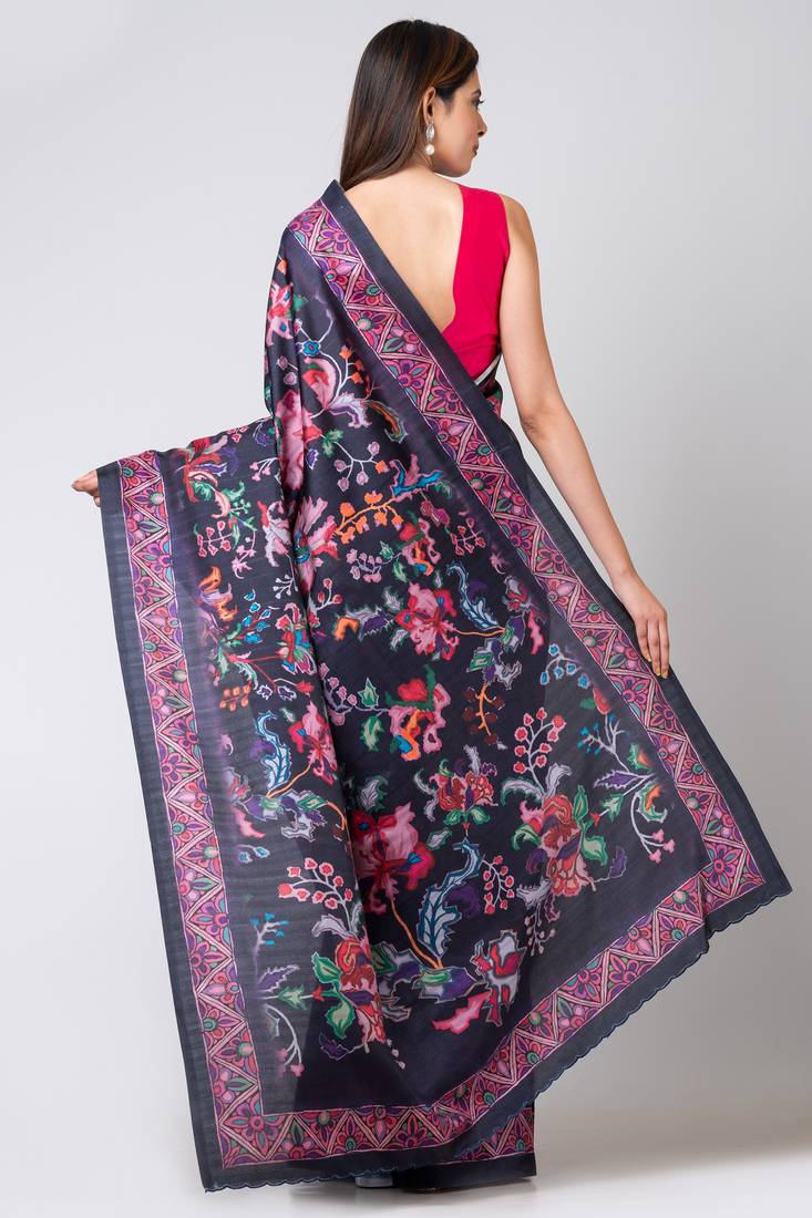 Indiloom Dark Violet Digital Print Semi Tussar Saree With Blouse Piece