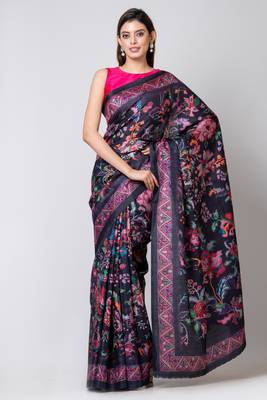 Indiloom Dark Violet Digital Print Semi Tussar Saree With Blouse Piece 4