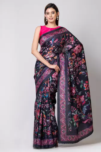 Indiloom Dark Violet Digital Print Semi Tussar Saree With Blouse Piece