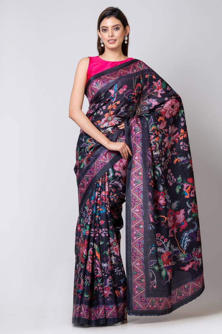 Indiloom Dark Violet Digital Print Semi Tussar Saree With Blouse Piece