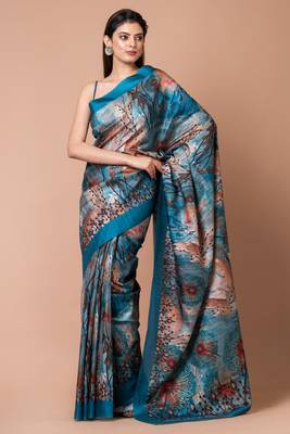 Indiloom Turquoise Digital Print Semi Tussar Saree With Blouse Piece 1