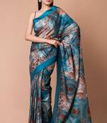 Indiloom Turquoise Digital Print Semi Tussar Saree With Blouse Piece