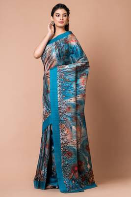 Indiloom Turquoise Digital Print Semi Tussar Saree With Blouse Piece 2