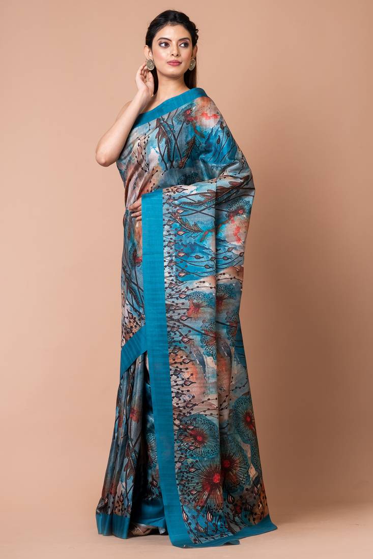 Indiloom Turquoise Digital Print Semi Tussar Saree With Blouse Piece