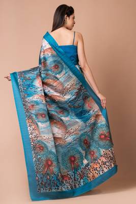 Indiloom Turquoise Digital Print Semi Tussar Saree With Blouse Piece 3