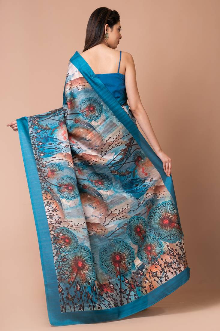 Indiloom Turquoise Digital Print Semi Tussar Saree With Blouse Piece