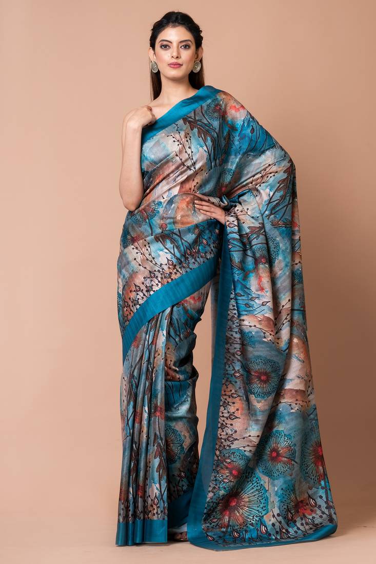 Indiloom Turquoise Digital Print Semi Tussar Saree With Blouse Piece