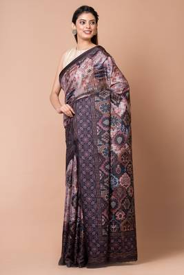 Indiloom Brown Digital Print Semi Tussar Saree With Blouse Piece 1
