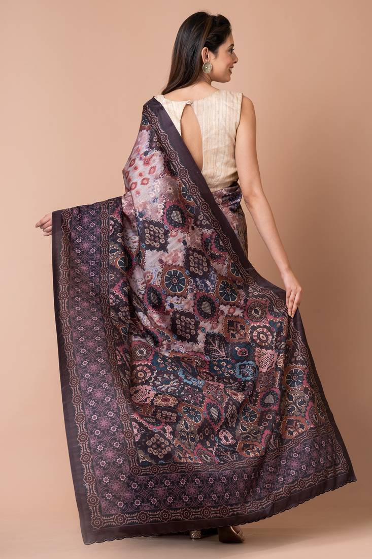 Indiloom Brown Digital Print Semi Tussar Saree With Blouse Piece