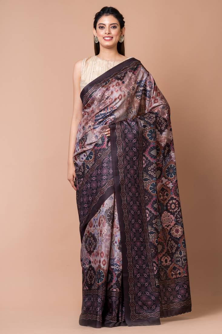 Indiloom Brown Digital Print Semi Tussar Saree With Blouse Piece