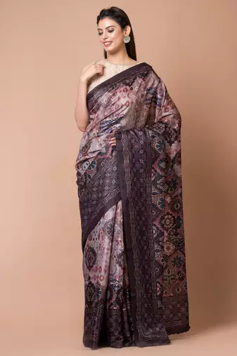 Indiloom Brown Digital Print Semi Tussar Saree With Blouse Piece