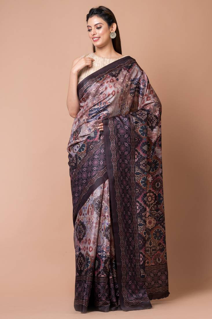 Indiloom Brown Digital Print Semi Tussar Saree With Blouse Piece