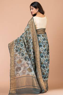 Indiloom Steel Grey Digital Print Chanderi Zari Saree With Blouse Piece 2