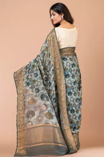 Indiloom Steel Grey Digital Print Chanderi Zari Saree With Blouse Piece