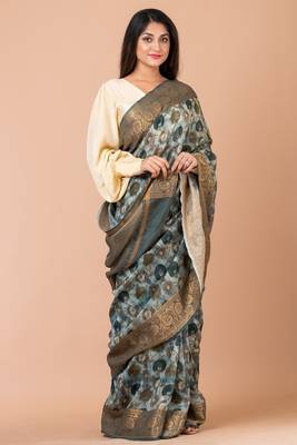 Indiloom Steel Grey Digital Print Chanderi Zari Saree With Blouse Piece 1