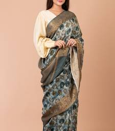 Indiloom Steel Grey Digital Print Chanderi Zari Saree With Blouse Piece