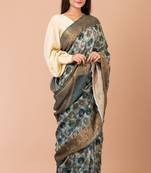 Indiloom Steel Grey Digital Print Chanderi Zari Saree With Blouse Piece