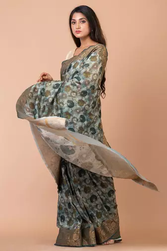Indiloom Steel Grey Digital Print Chanderi Zari Saree With Blouse Piece