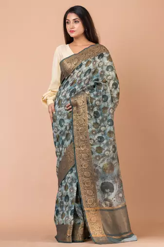 Indiloom Steel Grey Digital Print Chanderi Zari Saree With Blouse Piece