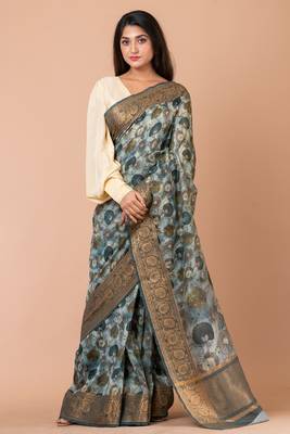 Indiloom Steel Grey Digital Print Chanderi Zari Saree With Blouse Piece 5