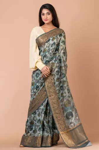 Indiloom Steel Grey Digital Print Chanderi Zari Saree With Blouse Piece