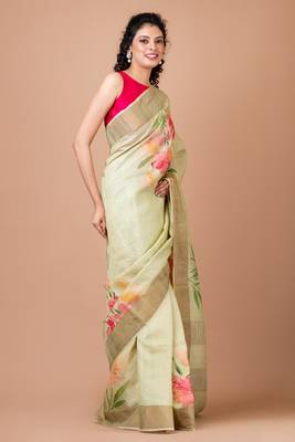 Indiloom Mint Green Digital Print Tussar Zari Saree With Blouse Print 1