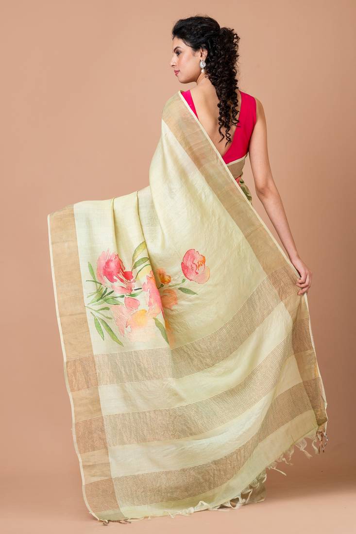 Indiloom Mint Green Digital Print Tussar Zari Saree With Blouse Print