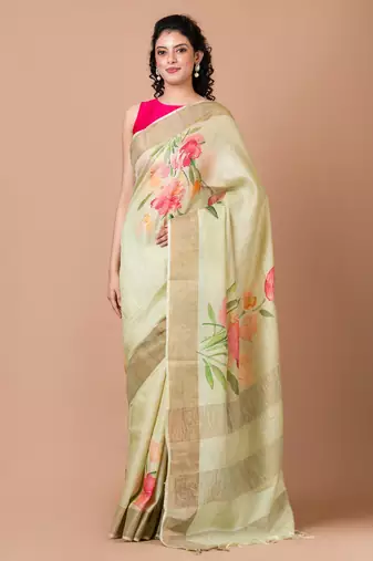 Indiloom Mint Green Digital Print Tussar Zari Saree With Blouse Print