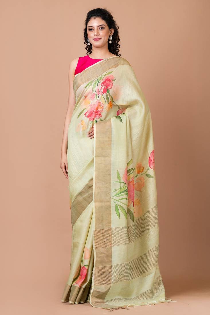 Indiloom Mint Green Digital Print Tussar Zari Saree With Blouse Print