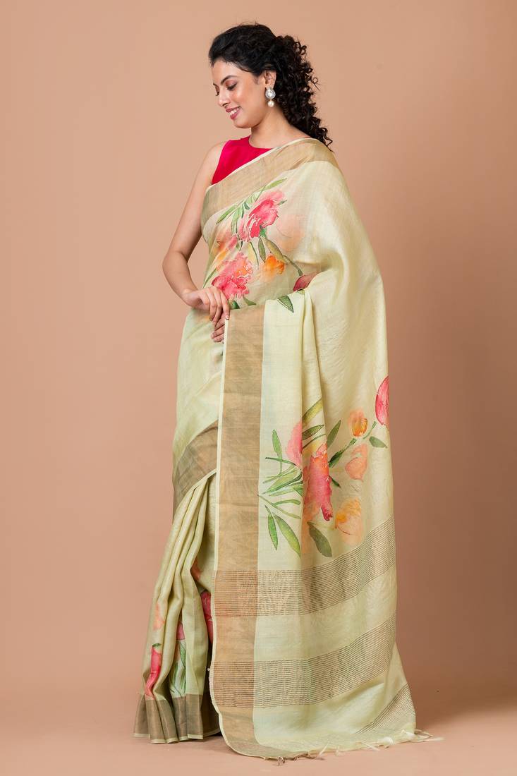 Indiloom Mint Green Digital Print Tussar Zari Saree With Blouse Print