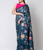 Indiloom Teal Digital Print Semi Tussar Saree With Blouse Piece