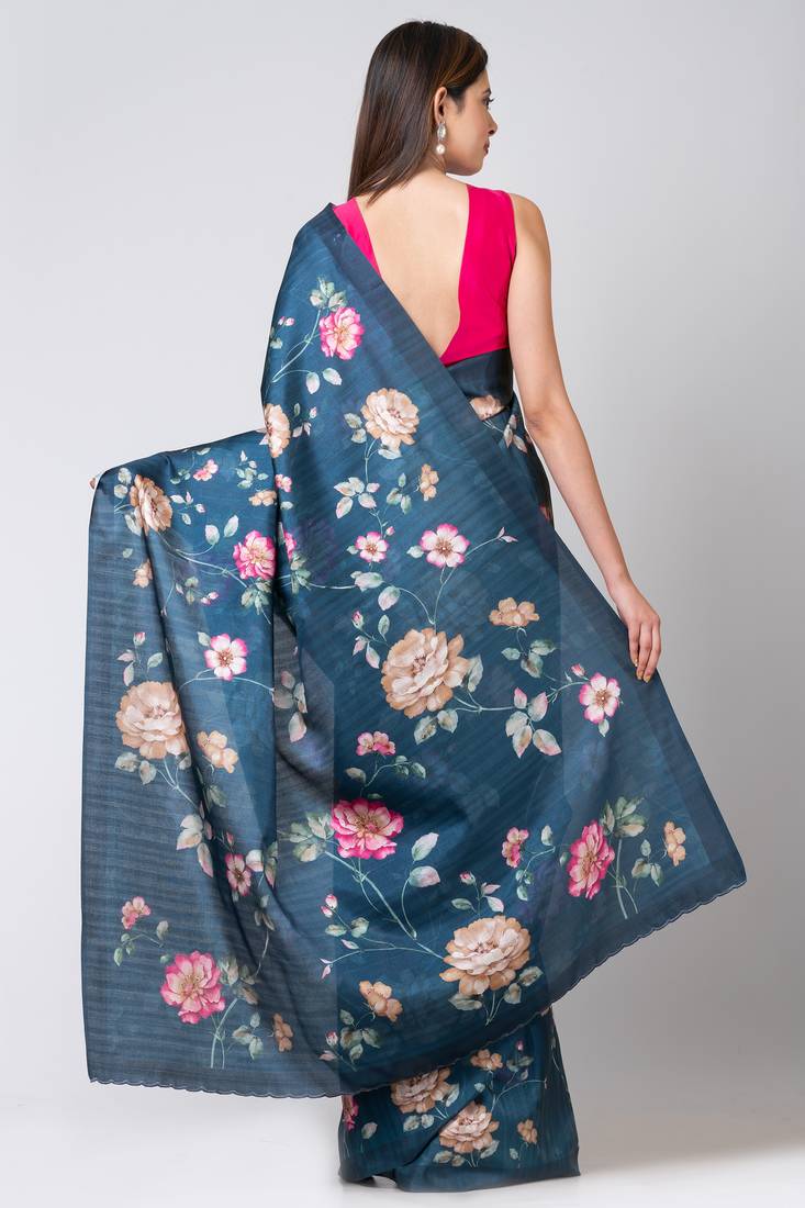 Indiloom Teal Digital Print Semi Tussar Saree With Blouse Piece