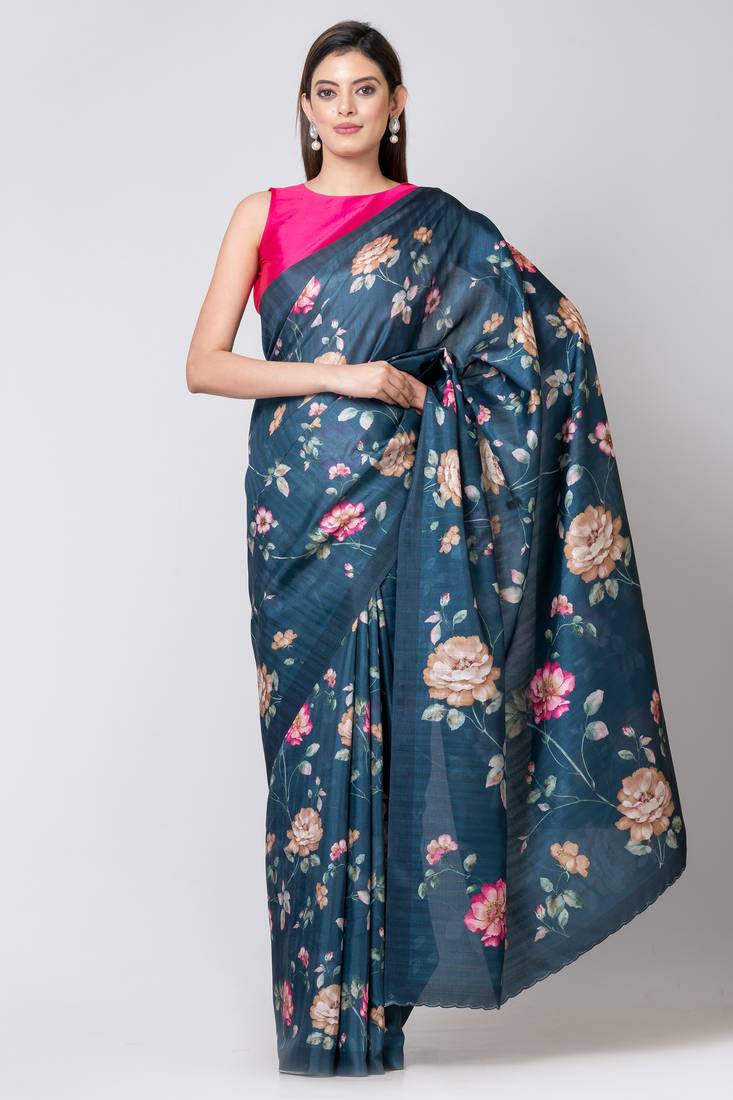 Indiloom Teal Digital Print Semi Tussar Saree With Blouse Piece