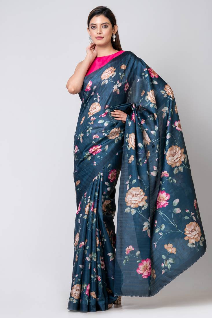 Indiloom Teal Digital Print Semi Tussar Saree With Blouse Piece