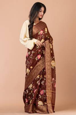 Indiloom Brown Digital Print Chanderi Zari Saree With Blouse Piece 1