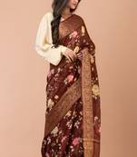 Indiloom Brown Digital Print Chanderi Zari Saree With Blouse Piece