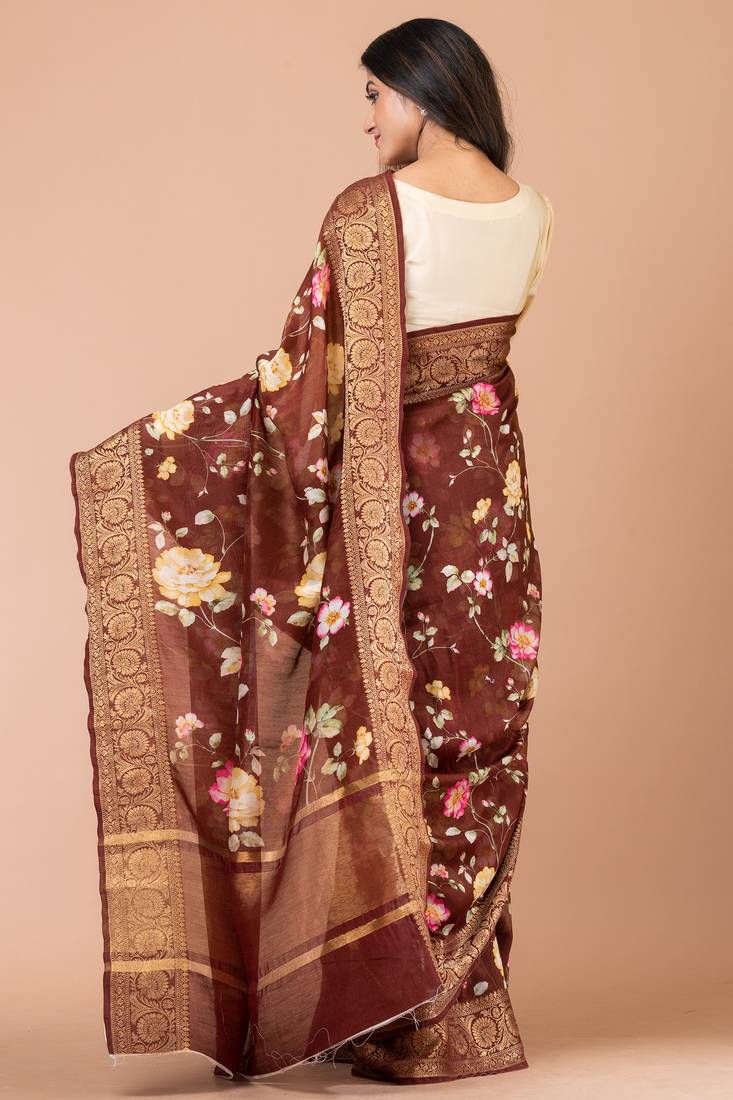 Indiloom Brown Digital Print Chanderi Zari Saree With Blouse Piece