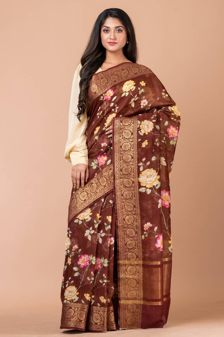 Indiloom Brown Digital Print Chanderi Zari Saree With Blouse Piece