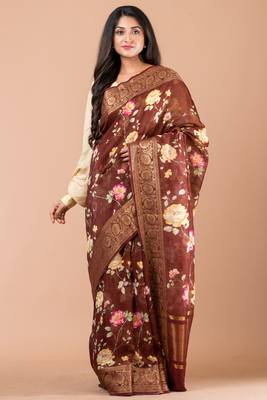 Indiloom Brown Digital Print Chanderi Zari Saree With Blouse Piece 4