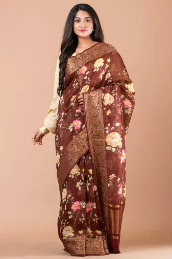 Indiloom Brown Digital Print Chanderi Zari Saree With Blouse Piece