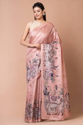 Indiloom Peach Digital Print Semi Tussar Saree With Blouse Piece 1