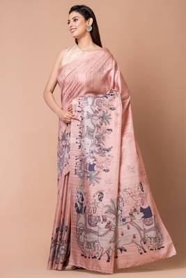 Indiloom Peach Digital Print Semi Tussar Saree With Blouse Piece 2