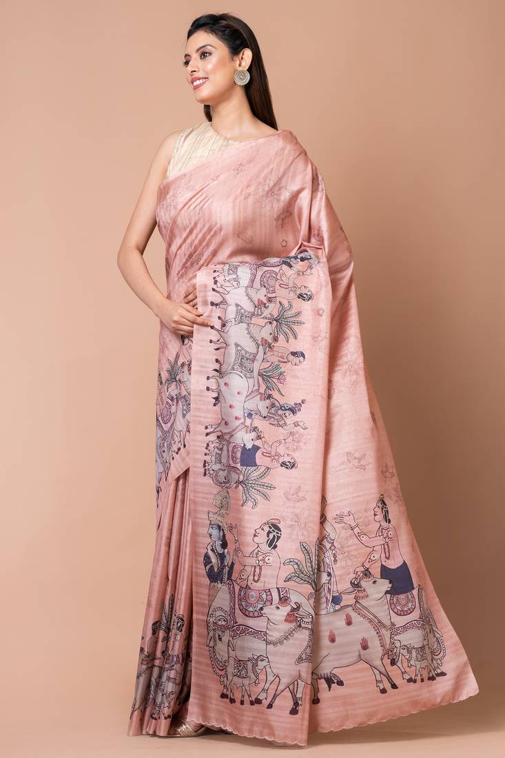 Indiloom Peach Digital Print Semi Tussar Saree With Blouse Piece