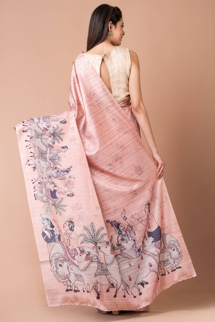 Indiloom Peach Digital Print Semi Tussar Saree With Blouse Piece