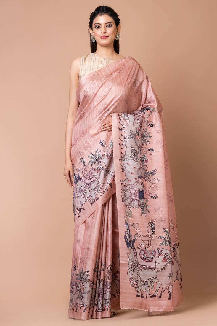Indiloom Peach Digital Print Semi Tussar Saree With Blouse Piece