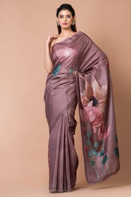 Indiloom Brown Digital Print Semi Tussar Saree With Blouse Piece 1