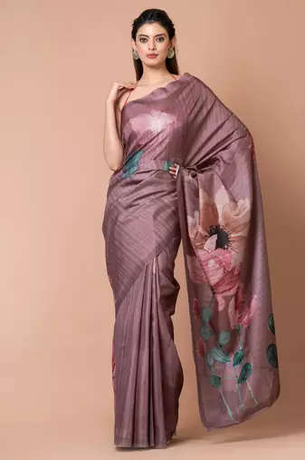 Indiloom Brown Digital Print Semi Tussar Saree With Blouse Piece