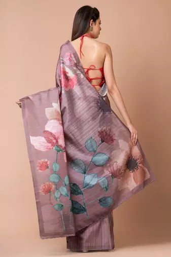 Indiloom Brown Digital Print Semi Tussar Saree With Blouse Piece