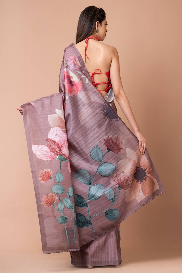 Indiloom Brown Digital Print Semi Tussar Saree With Blouse Piece