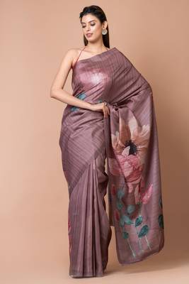 Indiloom Brown Digital Print Semi Tussar Saree With Blouse Piece 3